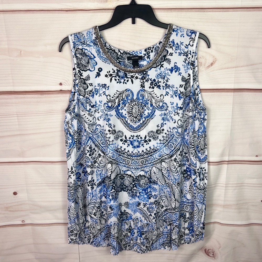 Alfani Top Womens 16 Blue Paisley Tank Sequin Neck Pleated Back Tunic Sleeveless